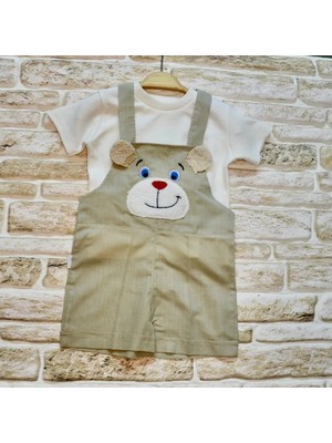 Beruflic Keten Kumaş Tişörtlü Icık Nakışlı Şort 2li Kız Erkek Bebek Salopet Takımı Bej