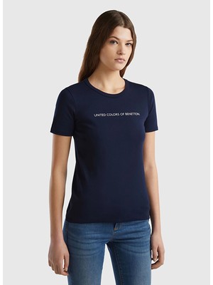 Benetton Bisiklet Yaka Lacivert Kadın T-Shirt 3Ga2E16A2