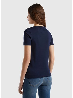 Benetton Bisiklet Yaka Lacivert Kadın T-Shirt 3Ga2E16A2