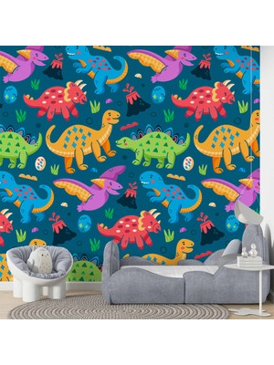 Duvar Kağıdı Baskı Renkli Dinozor Desenli Çocuk Oyun Odası Duvar Kağıdı Baskı