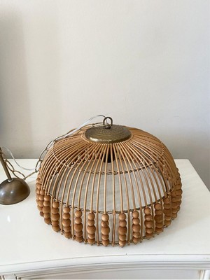 Nidage Şapkalı Rattan, Bambu, Hasır Sarkıt Avize Çap: 40 cm 40 x 80 Bambu E27 Altın 1