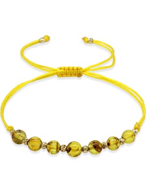 Gümüş Hediye Al Makrome Örgülü Küre Kesim Sarı Ipli Dorika Top Süslemeli Sarı Renk Fosilli Doğal Damla Kehribar Kadın Bileklik