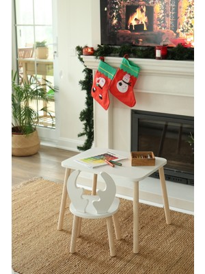 The Mimar The White Deer 1 Masa 1 Sandalye (Geyik Çocuk Montessori Çalışma Masa Sandalyesi)