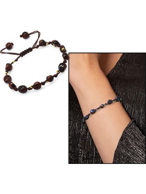 Gümüş Hediye Al Makrome Örgülü Naturel Kesim Dorika Top Detaylı Koyu Renk Kaplangözü Doğaltaş Kadın Bileklik