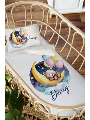 Homamia Isme Özel Anne Yanı 60X100 Beşik Uyku Nevresim Takımı Aydaki Balonlu Ayı