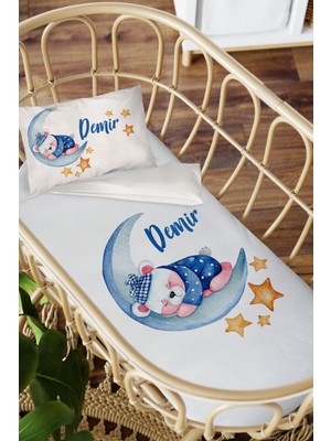 Homamia Isme Özel Anne Yanı 60X100 Beşik Uyku Nevresim Takımı Aydaki Mavi Ayı