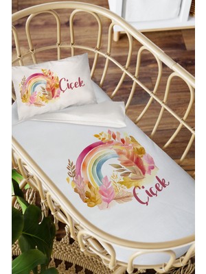 Homamia Isme Özel Anne Yanı 60X100 Beşik Uyku Nevresim Takımı Çiçekli Gökkuşağı