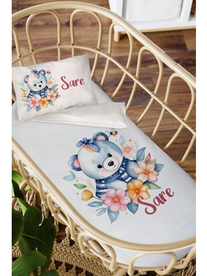 Homamia Isme Özel Anne Yanı 60X100 Beşik Uyku Nevresim Takımı Çiçekli Ayıcık