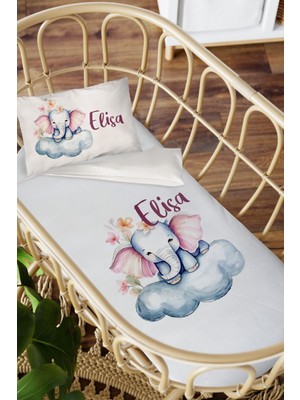 Homamia Isme Özel Anne Yanı 60X100 Beşik Uyku Nevresim Takımı Buluttaki Sevimli Fil