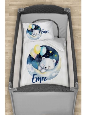 Homamia Isme Özel 75X120 Park Yatak Beşik Nevresim Takımı Balonlu Beyaz Ayı