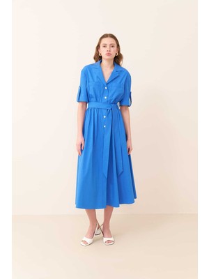 ROMAN Beli Bağlamalı Midi Boy Gömlek Elbise Mavi Y2411006_036