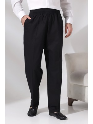 İhvan Online Erkek Siyah Çınar Rahat Kesim Beli Lastikli Hac ve Umre Keten Şalvar Pantolon