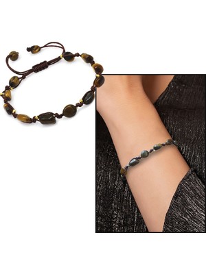 Gümüş Hediye Al Makrome Örgülü Naturel Kesim Dorika Top Detaylı Kaplangözü Doğaltaş Kadın Bileklik