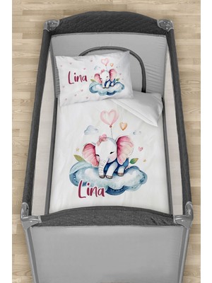 Homamia Isme Özel 75X120 Park Yatak Beşik Nevresim Takımı Buluttaki Sevimli Fil