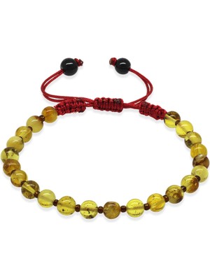 Gümüş Hediye Al Makrome Örgülü Küre Kesim Sarı Renk Fosilli Doğal Damla Kehribar Kadın Bileklik