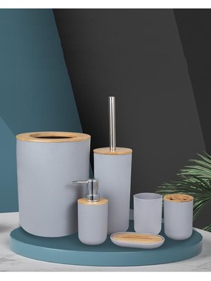 Xinhang Banyo Aksesuarları Set 6 Parça Bambu Oda Seti Diş Fırçası Tutucu Sabun Dağıtıcı Tuvalet Fırçası Çöp Kutusu Banyo Temel Seti | Banyo Donanım Setleri (Gri) (Yurt Dışından)