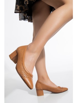 Kadın Deri Delikli Topuklu Ayakkabı 2863 Topuklu Ayakkabı Taba 39