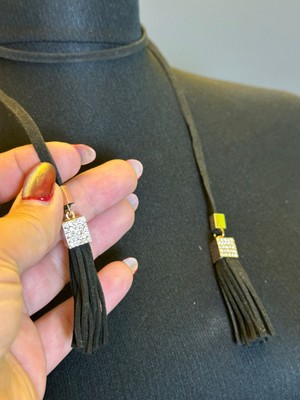 Gönülden Tasarım Siyah Deri Zirkon Taşlı Çelik Uçlu Kadın Boyun Kolye Boy 95 cm