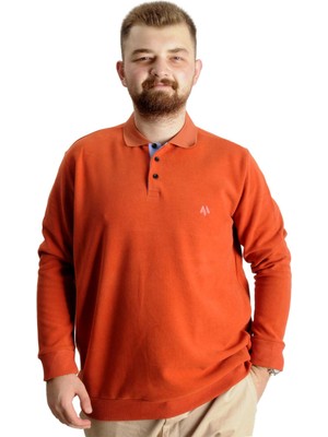 ModeXL Büyük Beden Erkek Sweat Polo Tarçın Renk Uzun Kol Düz Desenli Ekstra Konforlu 20440