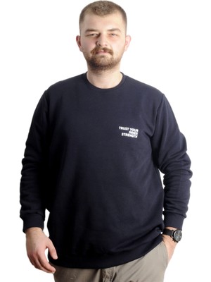 ModeXL  Büyük Beden Erkek Sweathirt Bisiklet Yaka Nakışlı Sweat 23525 Lacivert