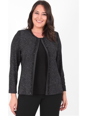 Ladies First Büyük Beden 3115 Siyah Gümüş Ceket+Atlet Abiye Ikili Takım