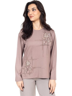 Yeni Sezon Kadın Orta Yaş ve Üzeri Viskoz Kanaviçe Işlemeli Lüks Anne Penye Bluz 24311