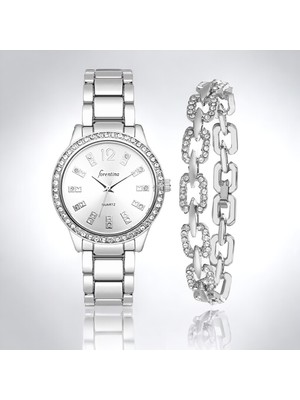 Forentina Bayan Gri Metal Kol Saati Taşlı Bileklik Hediye Set PS3567