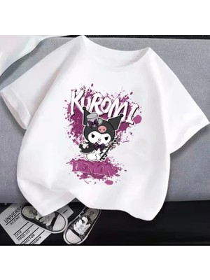 Kids Face Özel Tasarım Şapkalı Kuromi Baskılı %100 Pamuk Oversize Bisiklet Yaka Kız Çocuk T-Shırt