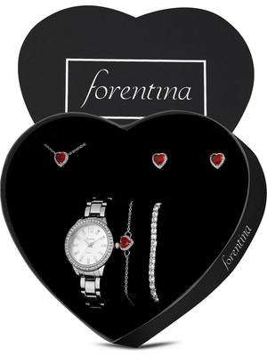 Forentina Gümüş Kaplama Kırmızı Taşlı Kalp Kolye Küpe Bileklik Saat Hediye Set PS3490