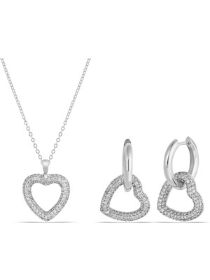 Forentina Gümüş Kaplama Zirkon Taşlı Kalp Kolye Küpe Takı Seti PS3444
