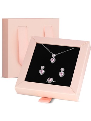 Forentina Gümüş Kaplama Pembe Taşlı Kalp Kolye Küpe Yüzük-Özel Pembe Kutuda Hediye Set PS3467
