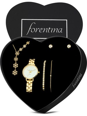 Forentina Gold Sallantılı Kartanesi Kolye Küpe Bileklik Saat Hediye Set PS3525