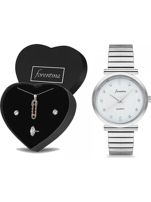 Forentina Bayan Gri Metal Kol Saati Zirkon Taşlı Tasarım Takı Seti Kombin PS2473