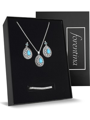 Forentina Gümüş Kaplama Otantik Kolye Küpe Bileklik Takı Seti PS2331