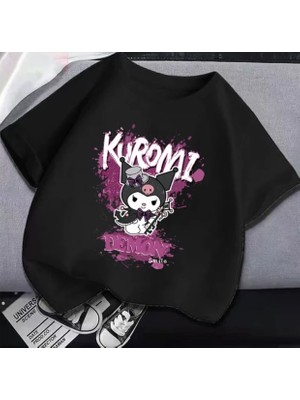 Kids Face Özel Tasarım Şapkalı Kuromi Baskılı %100 Pamuk Yeni Trend Ter Tutmayan Kız Çocuk T-Shırt