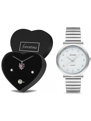 Forentina Bayan Gri Metal Kol Saati Mor Taşlı Takı Seti Kombin PS2476