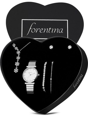 Forentina Gümüş Kaplama Sallantılı Kartanesi Kolye Küpe Bileklik Saat Hediye Set PS3519