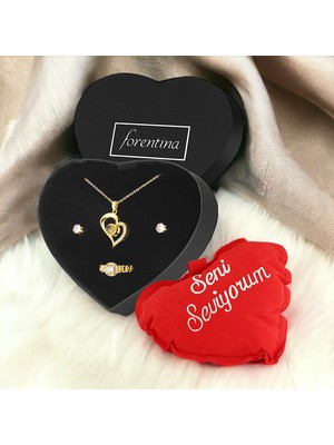 Forentina Altın Kaplama Kolye Küpe Yüzük Kalpli Yastık Hediye Set PS3397