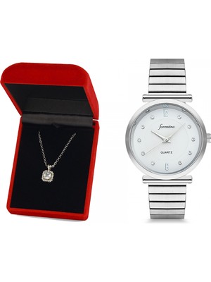 Forentina Bayan Gri Metal Kol Saati Tektaş Kolye Kombin Set PS2472