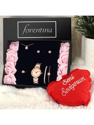 Forentina Rose Tektaş Kolye Küpe Bileklik Yüzük Saat Kalpli Yastık Hediye Set PS3398