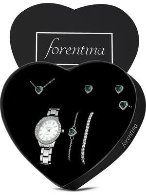 Forentina Gümüş Kaplama Yeşil Taşlı Kalp Kolye Küpe Bileklik Yüzük Saat Hediye Set PS3486