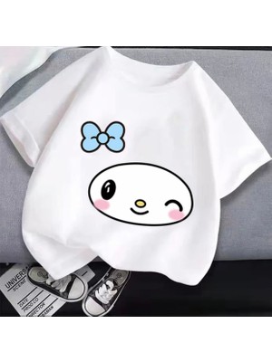 Kids Face Özel Tasarım Mavi Kurdeleli Kuromi Baskılı %100 Pamuk Oversize Kız Çocuk T-Shırt