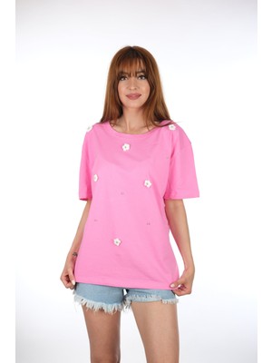 Moda Derin Pembe Papatyalı T-Shirt