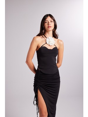 Holly Lolly Çıkarılabilir Çiçek Detaylı Gloplu Raby Bluz Siyah