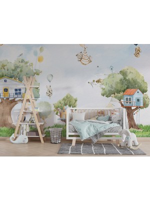 Lotus Aura Orman Hayvanları Duvar Kağıdı Ağaç Evler Duvar Resmi Çocuk Odası Duvar Posteri