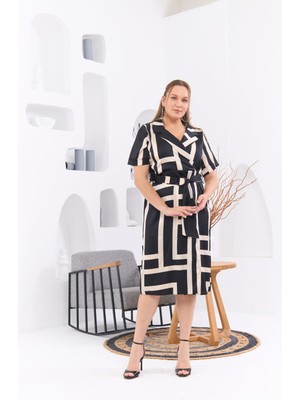 Rmg Beli Kemerli Saten Dokulu Siyah Büyük Beden Elbise