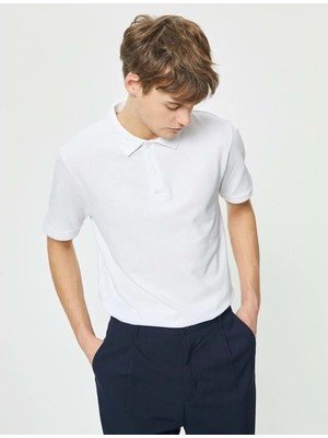 Koton Yakalı T-Shirt Düğmeli Slim Fit - Koton - 4Sam10108Mk - Beyaz - Xl