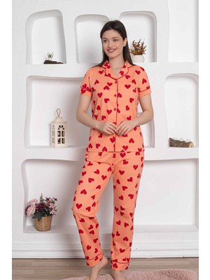 Farya Home Dreamy Pamuklu Biyeli Kalp Desenli Kısa Kollu Cepli Gömlek Pijama Takımı