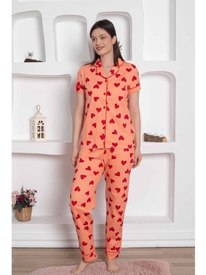 Farya Home Dreamy Pamuklu Biyeli Kalp Desenli Kısa Kollu Cepli Gömlek Pijama Takımı