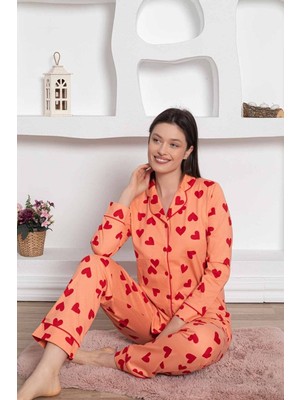 Farya Home Dreamy Pamuklu Biyeli Kalp Desenli Uzun Kollu Cepli Gömlek Pijama Takımı